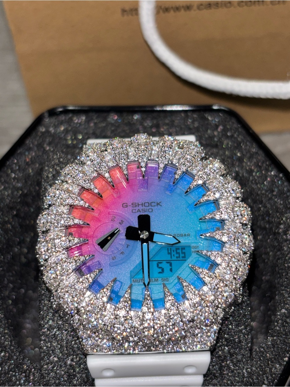 Custom G-Shock GA2100 White Rainbow Dial VVS Moissanite Watch